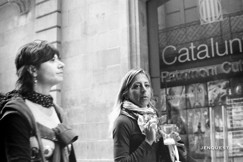 Two young spanish women walking in Barcelona